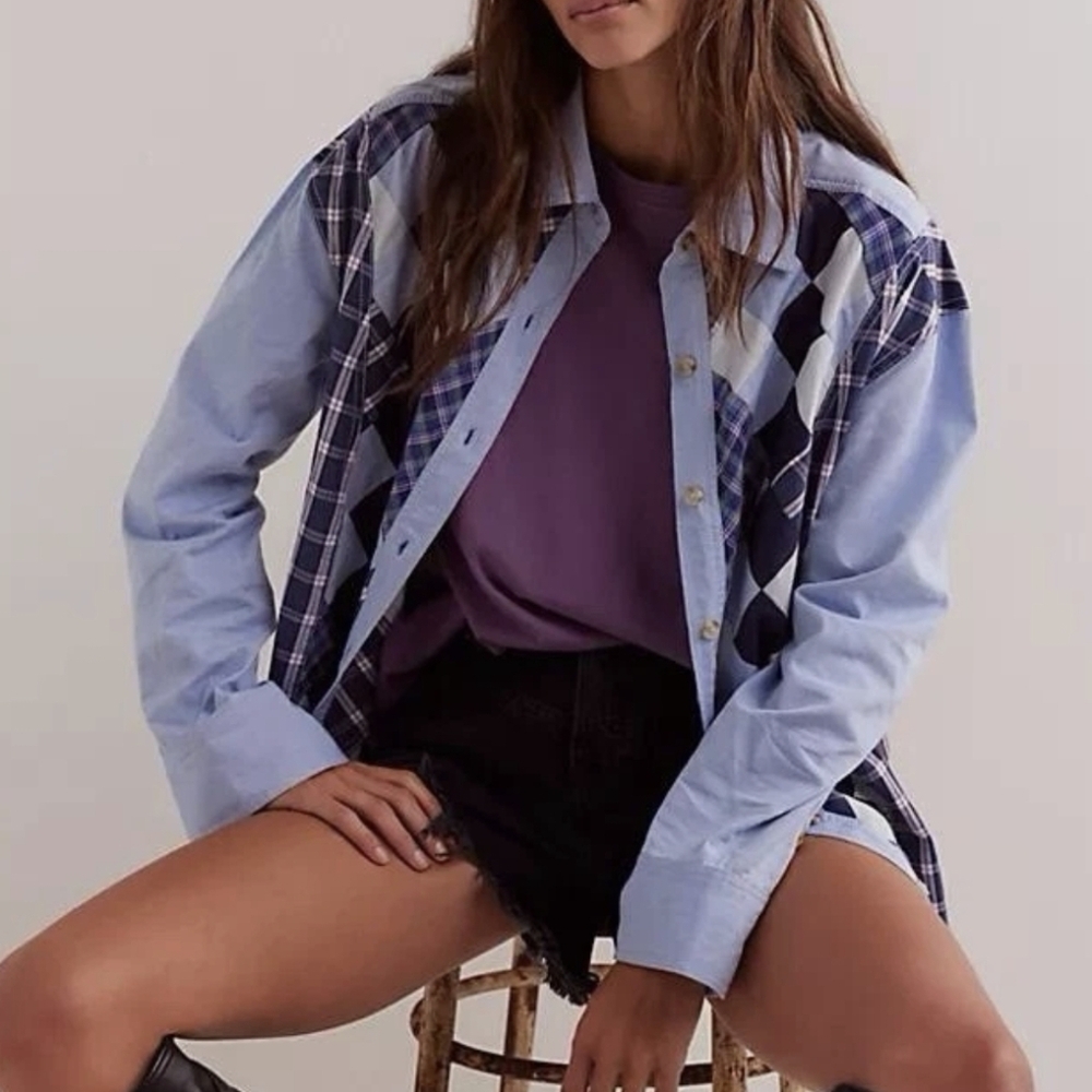 Free People NWOT Argyle Plaid Shirt in Blue-Multi Patchwork sz SML​ - Picture 3 of 12